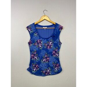 Cottagecore Candies Women Large Blue Floral Cap Sleeve Ruched Mesh Back Top